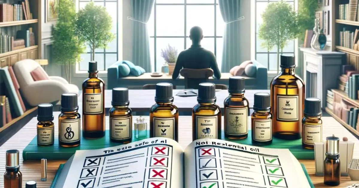 Various essential oils on a desk, while someone wonders if they are safe to use for asthma.