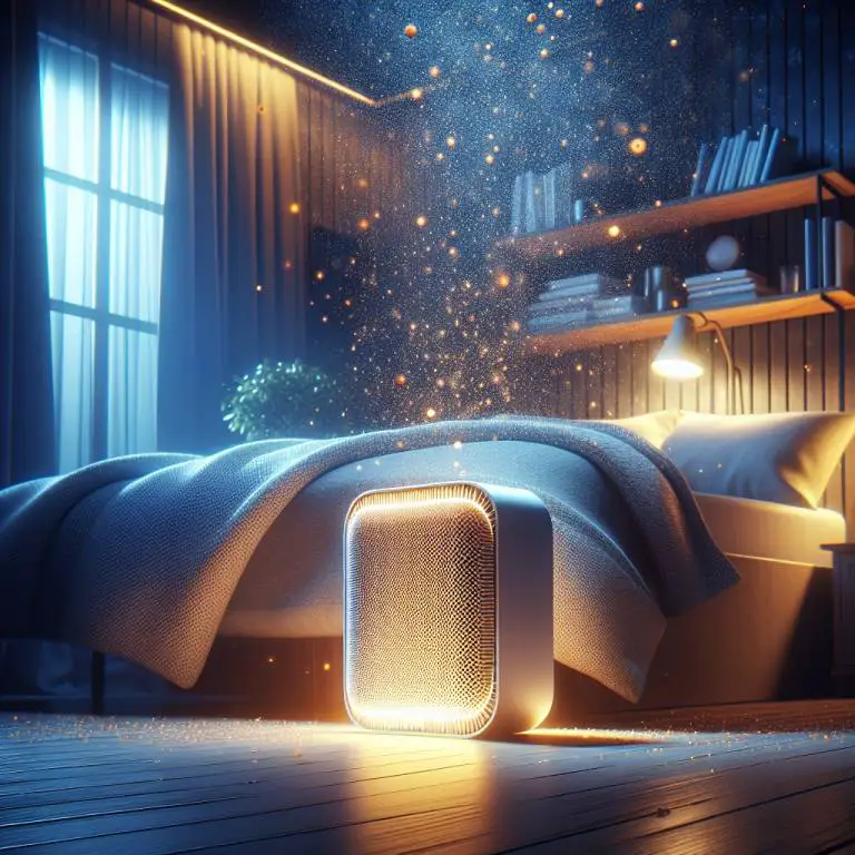 An air purifier illuminating particles to represent the alleviation of asthma triggers in a cozy bedroom.