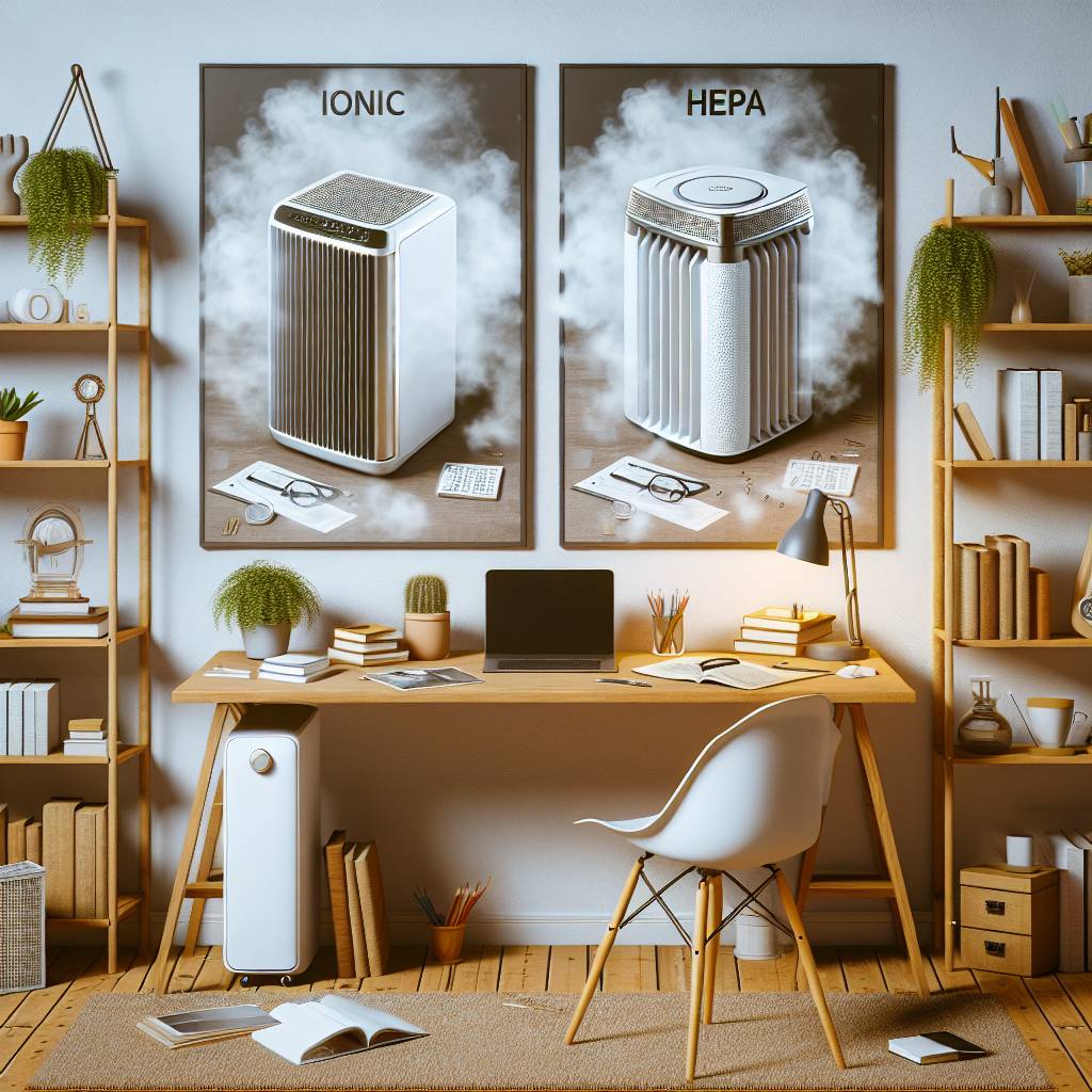 Side-by-side images of ionic and HEPA air purifiers in a study room, comparing their asthma relief capabilities.