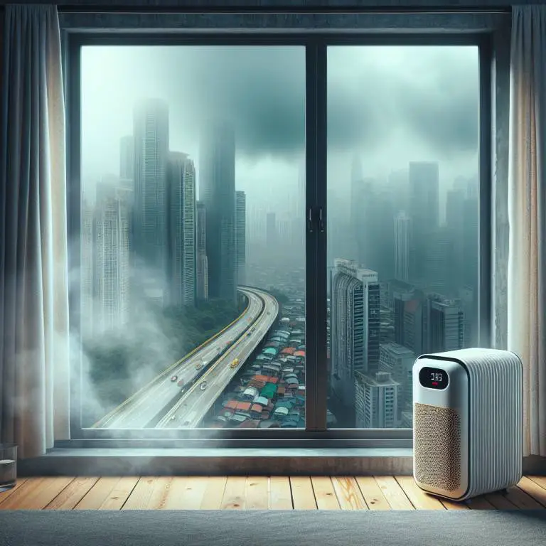 An air purifier facing a window, illustrating its effectiveness against outdoor air pollution for asthma relief.