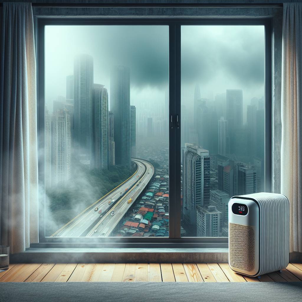 An air purifier facing a window, illustrating its effectiveness against outdoor air pollution for asthma relief.