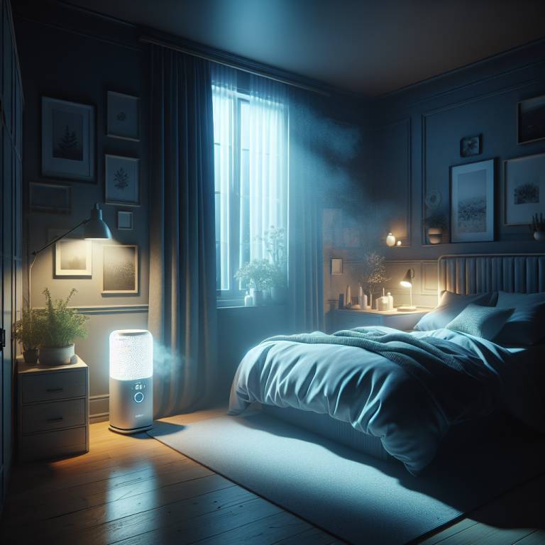 A serene bedroom at night with an air purifier working quietly to reduce asthma attacks.