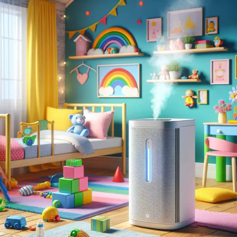 A child's brightly colored bedroom, safeguarded by an air purifier designed to be safe for children with asthma.