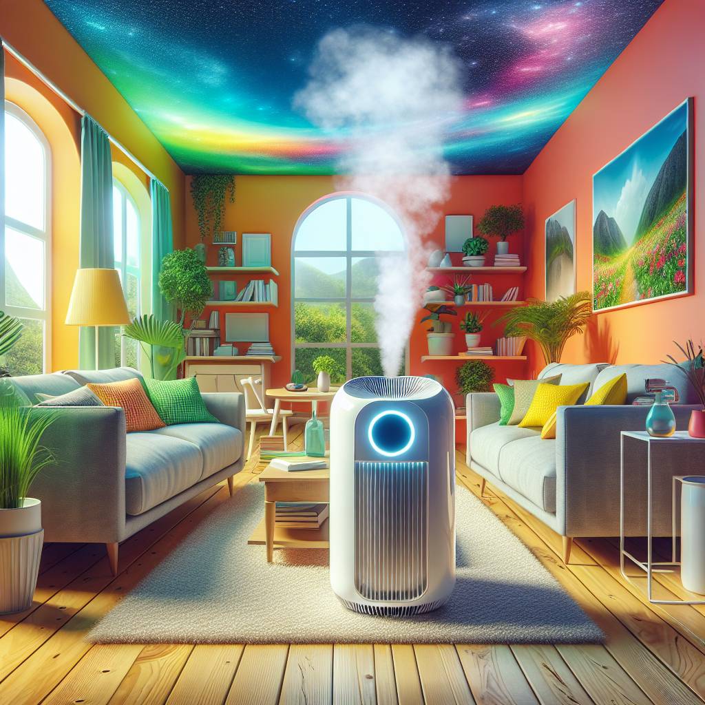 An air purifier actively combating seasonal asthma triggers in a vibrant, well-ventilated living room.