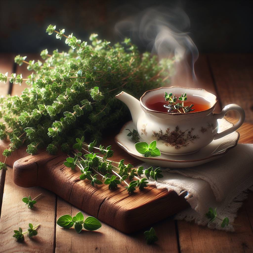 A cozy arrangement of thyme tea and fresh thyme sprigs, inviting contemplation on its respiratory soothing qualities.