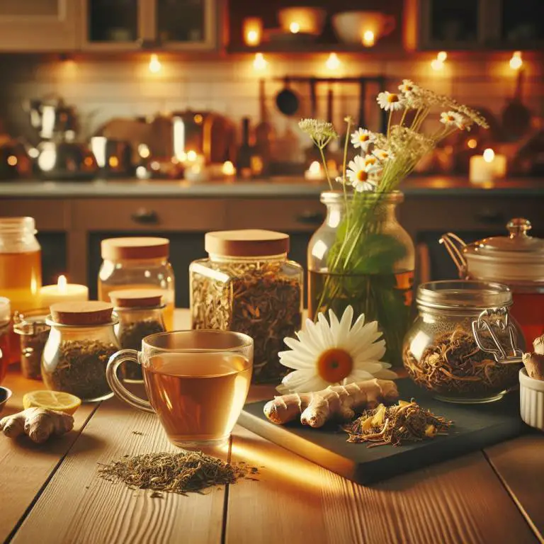 A cozy scene with a selection of herbal teas known for asthma relief, including chamomile and ginger, on a kitchen table.