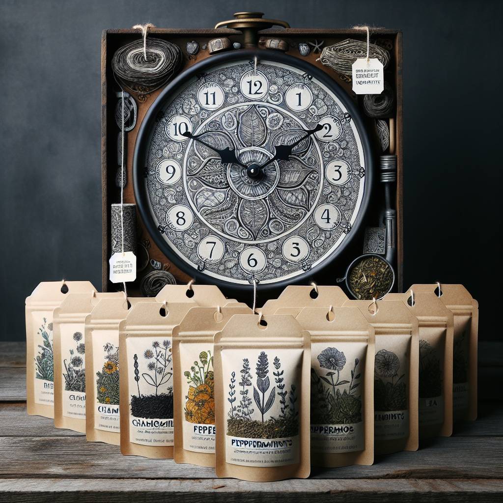 A clock alongside various herbal teas, hinting at optimal times for natural respiratory support.