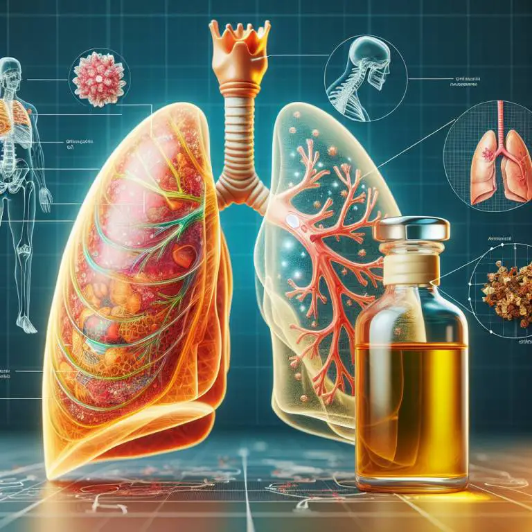 Clove oil displayed with a backdrop of a healthy lung illustration, analyzing its impact on asthma and lung health.