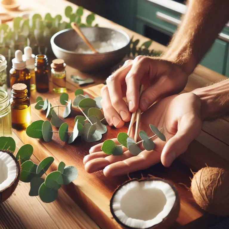 Hands preparing a homemade rub with essential oils, with ingredients like coconut oil and eucalyptus on a kitchen counter.