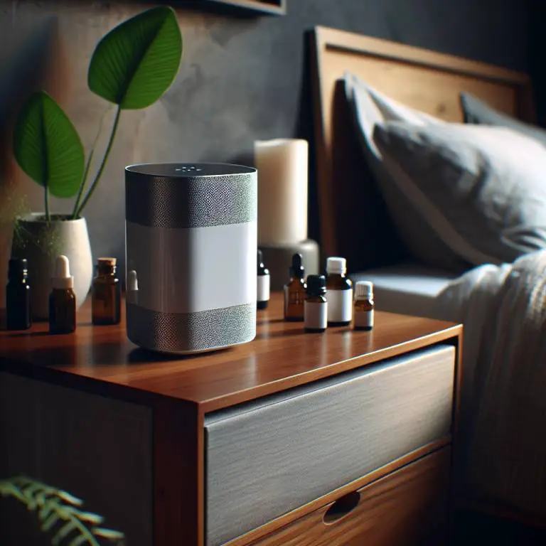 An air purifier and a selection of essential oils on a nightstand, suggesting a harmonious combination for asthma relief.