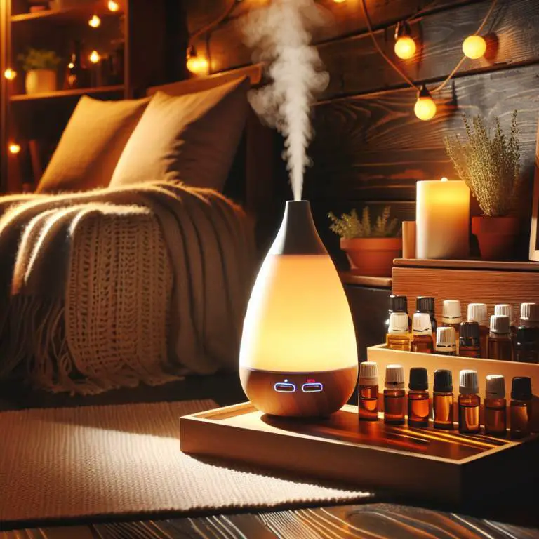 A cozy corner with a diffuser and essential oils, offering tips for using them during asthma flare-ups.