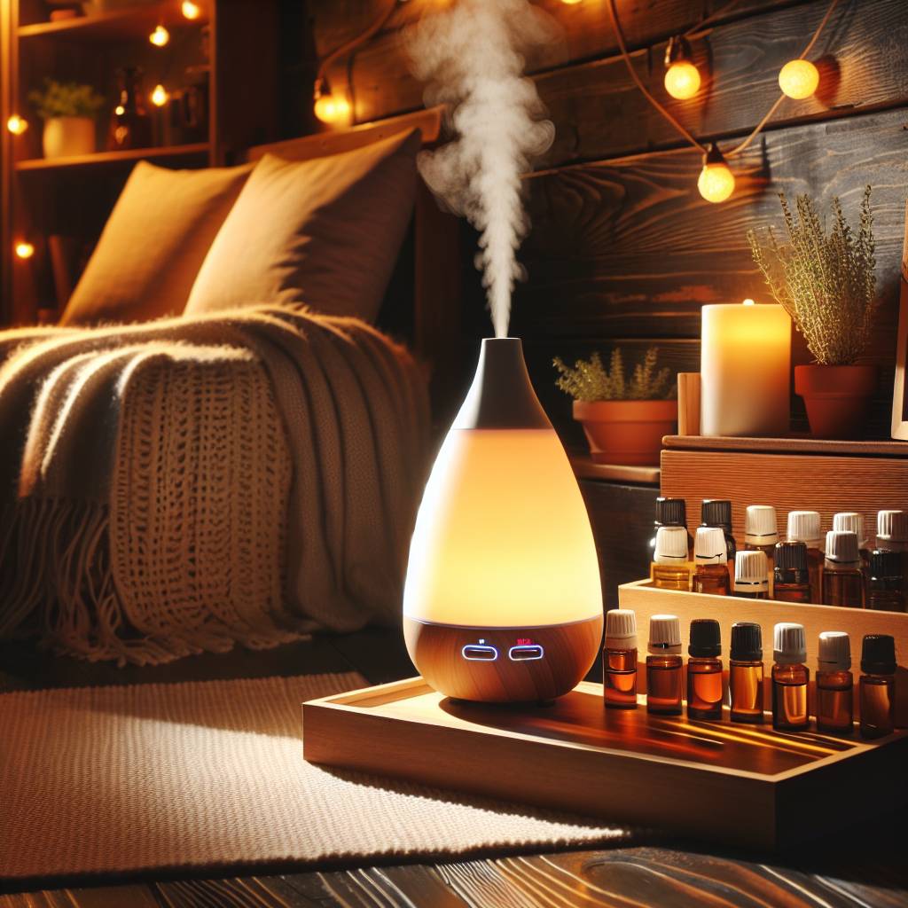 A cozy corner with a diffuser and essential oils, offering tips for using them during asthma flare-ups.