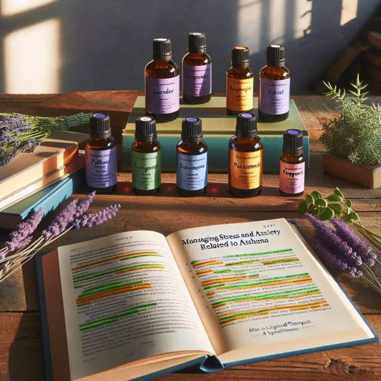 A relaxed setting with essential oils and a book on managing stress and anxiety related to asthma.