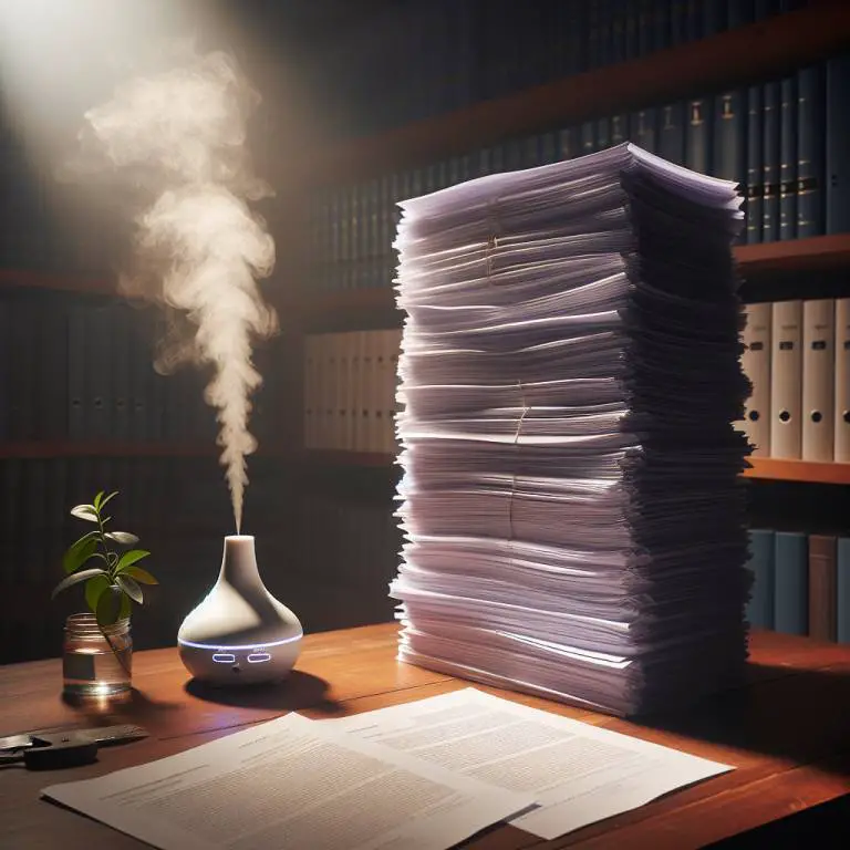 A stack of research papers beside a diffuser, exploring essential oils as complementary therapy for asthma.