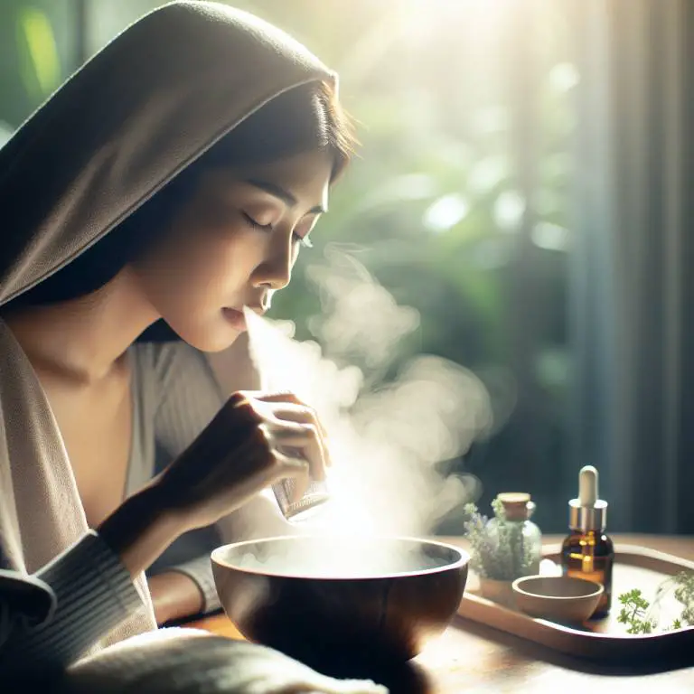 Using essential oils in steam therapy, visualized by a steaming bowl with a towel over the head for asthma relief.