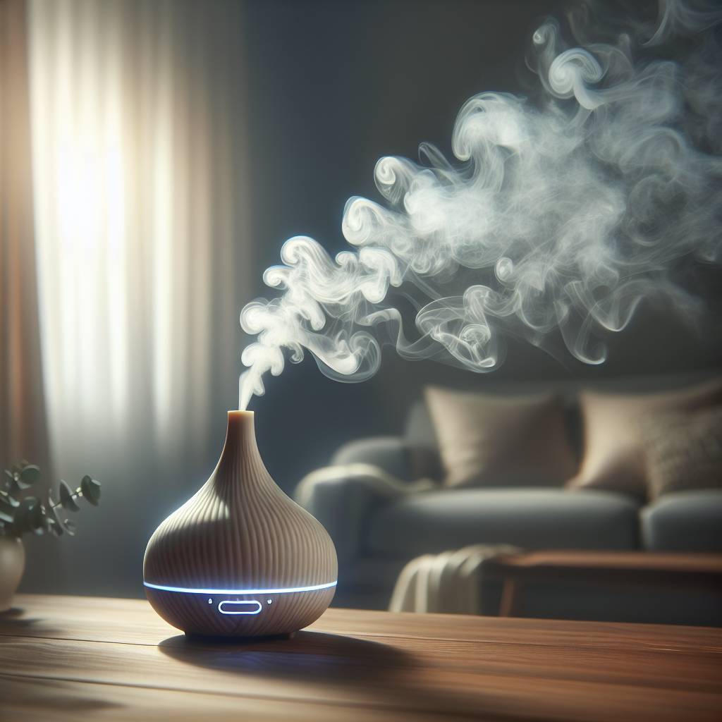 A diffuser dispersing eucalyptus oil into a room, with a focus on reducing the severity of asthma attacks.