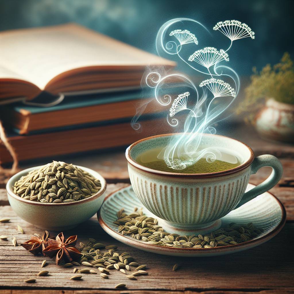 Fennel seeds and a warm cup of fennel tea presented in a calming environment, exploring its respiratory soothing effects.