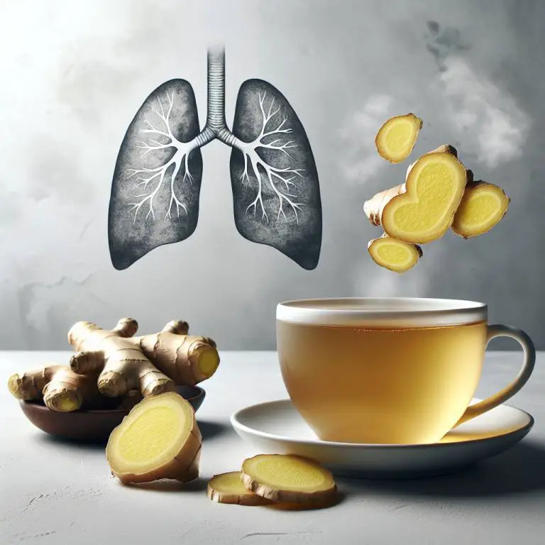 A cup of ginger tea with fresh ginger slices on the side, hinting at its potential impact on asthma symptoms.