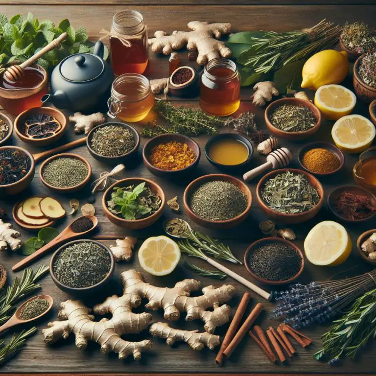 Various ingredients for herbal tea recipes spread out on a table, focused on asthma relief.