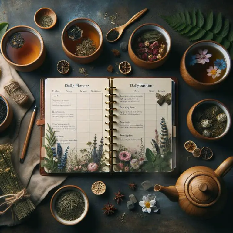 A planner surrounded by herbal teas, illustrating a daily routine incorporating natural respiratory wellness practices.