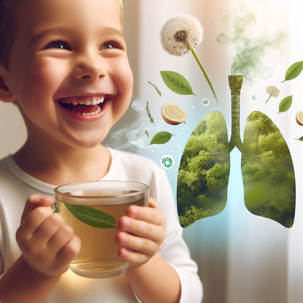 A joyful moment of a child with a cup of herbal tea, reflecting on gentle natural options for supporting respiratory health in children.