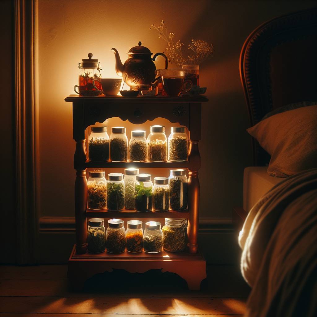 Herbal teas arranged on a nightstand, casting a gentle light on their role in easing nighttime breathing comfort.
