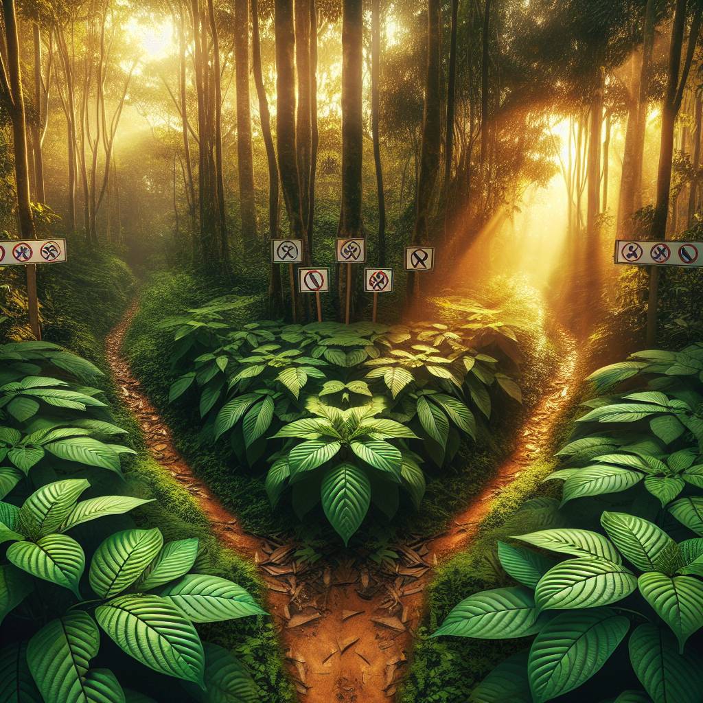 A crossroads imagery with natural and cautionary paths, adorned with kratom, encouraging informed choice.