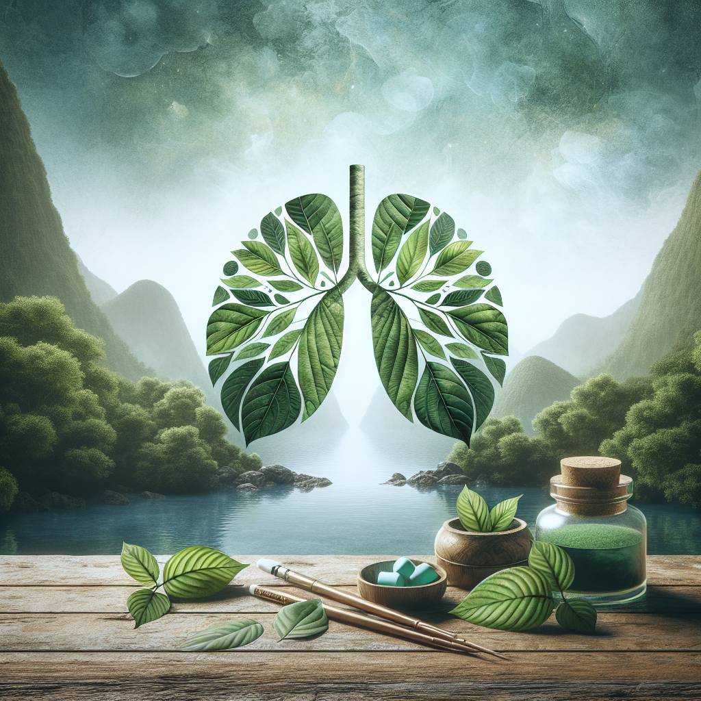A tranquil scene with kratom leaves and a backdrop suggesting contemplation of their role in natural asthma care.