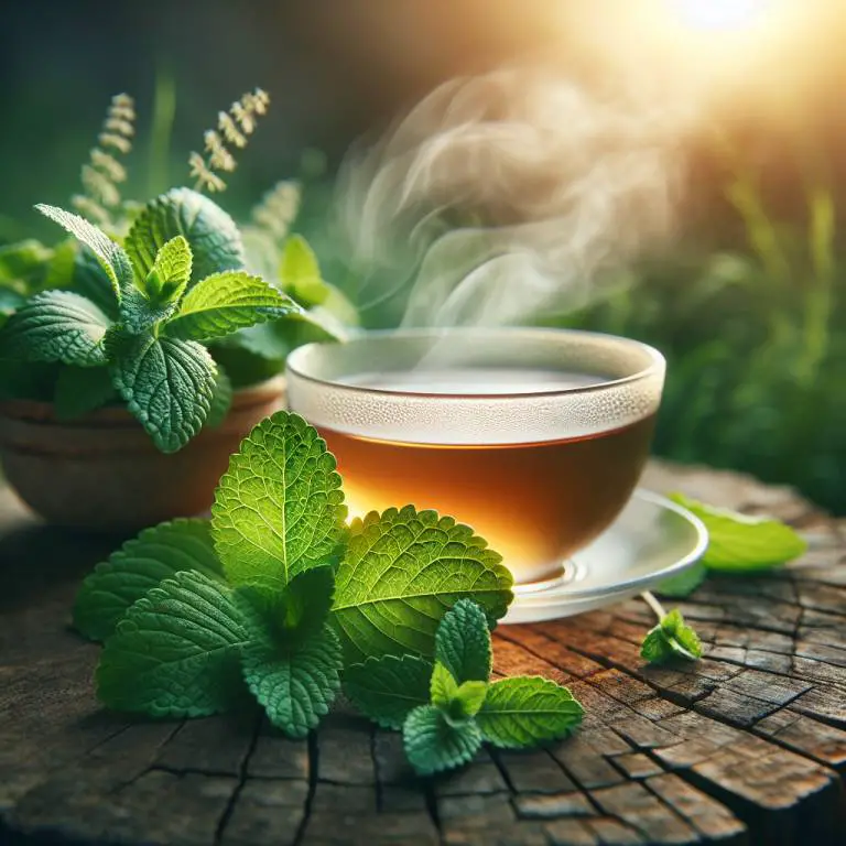 Lemon balm leaves beside a comforting cup of tea, portraying a natural method to support respiratory well-being.