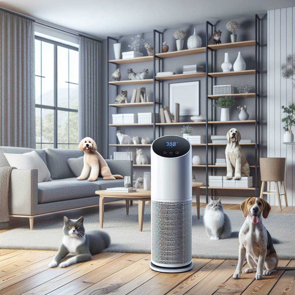 A modern living room with pets and an air purifier efficiently managing pet dander for asthma relief.