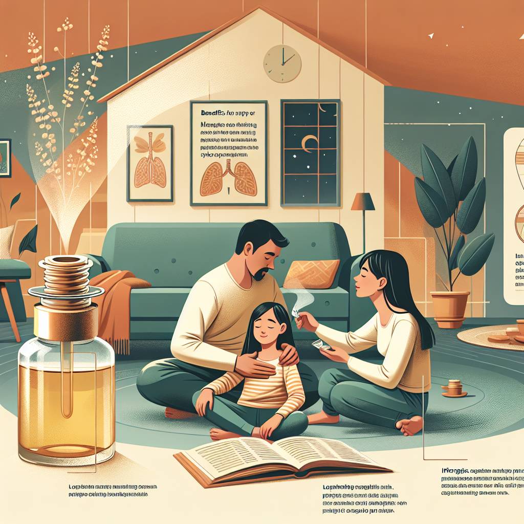 Myrtle oil alongside a comforting home scene, highlighting its usage and benefits for asthma.