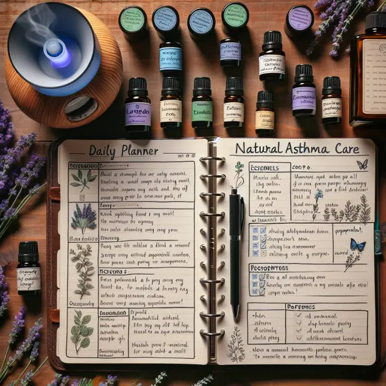 Integrating essential oils into a daily routine for natural asthma care, shown through a daily planner and essential oils.