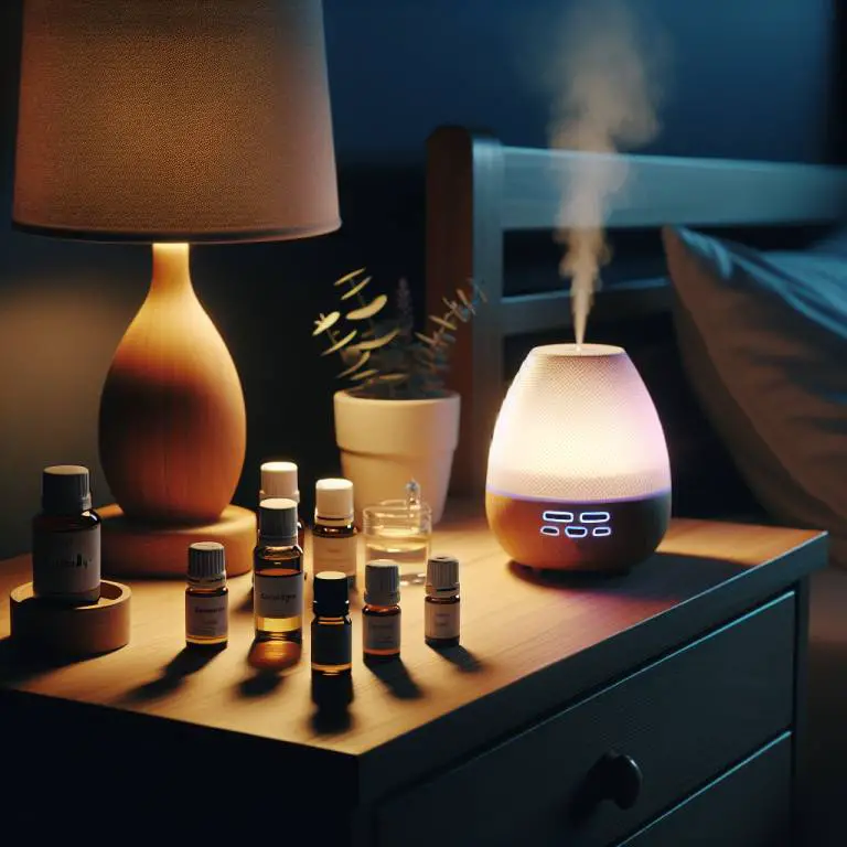 A nightstand with essential oils and a diffuser, aiming for nighttime asthma relief.