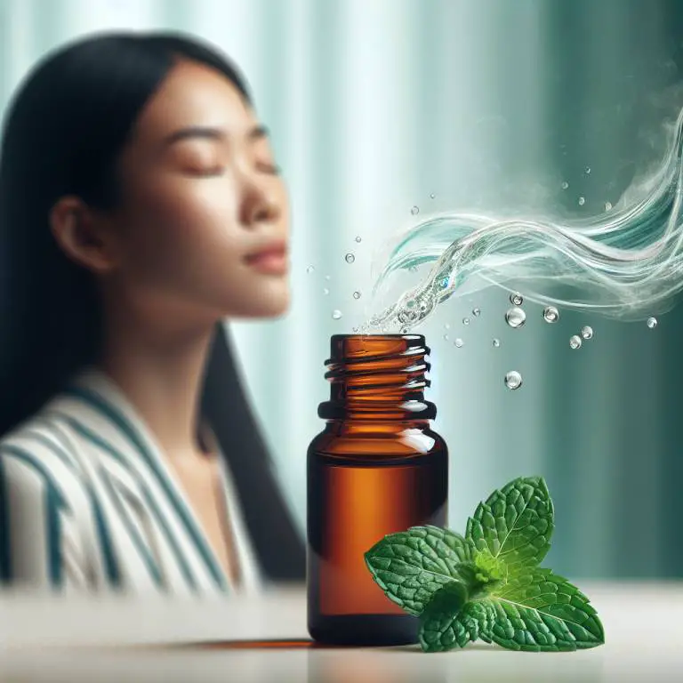 A vibrant depiction of peppermint oil near a person breathing deeply, illustrating its impact on easing asthma symptoms.
