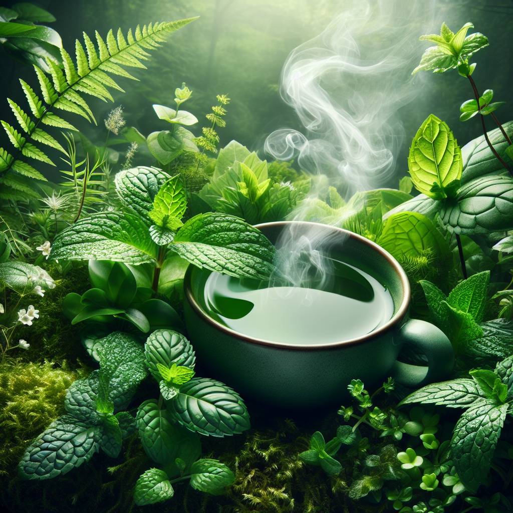 A serene setting with a cup of peppermint tea surrounded by fresh air and greenery, hinting at its soothing effects for breathing.