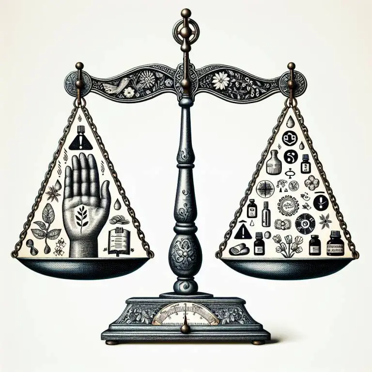 Weighing scales balancing the pros and cons of using essential oils for asthma, illustrated metaphorically.