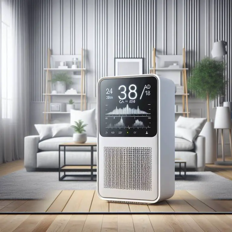 A close-up of an air purifier display, highlighting CADR ratings, against a backdrop of a clean, modern living area.