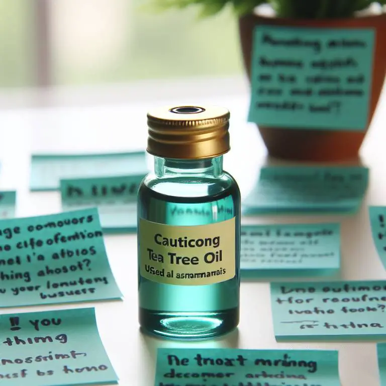 Tea tree oil displayed with cautionary notes, questioning its safety and effectiveness for asthma.