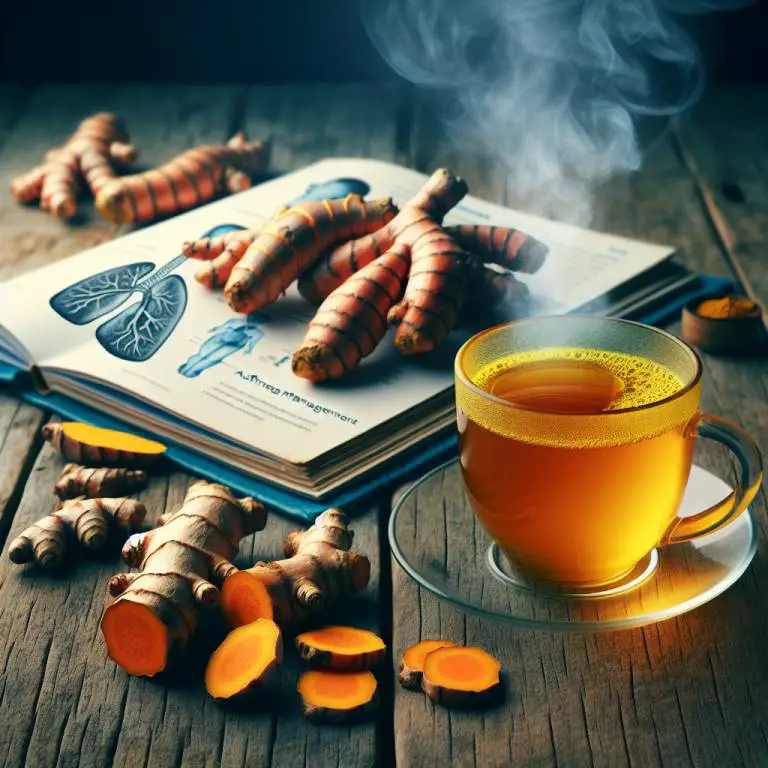 A cup of turmeric tea with turmeric roots beside it, emphasizing its role in asthma management.